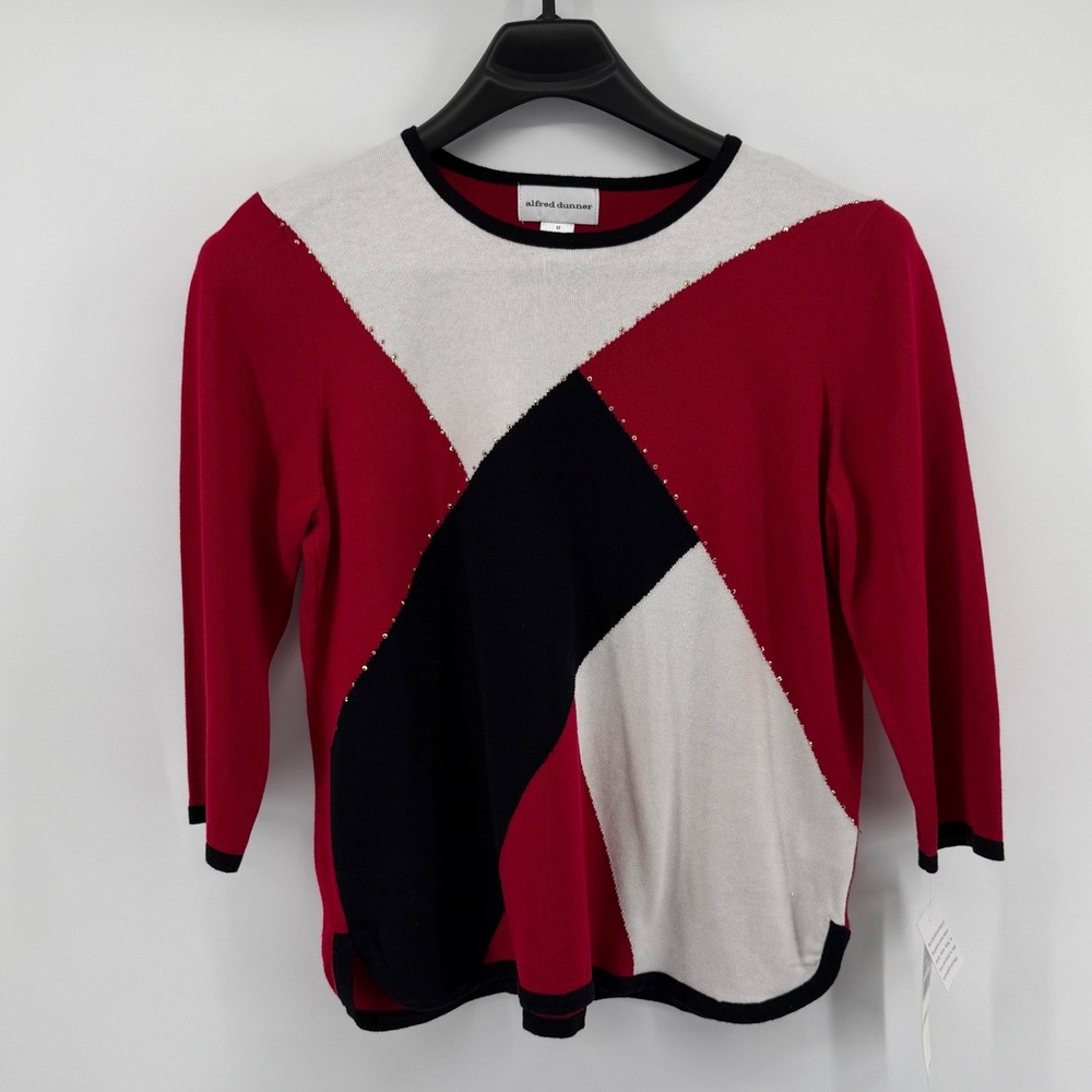 Alfred Dunner Womens Red White Black Geometric Patchwork Sweater Size Medium new
